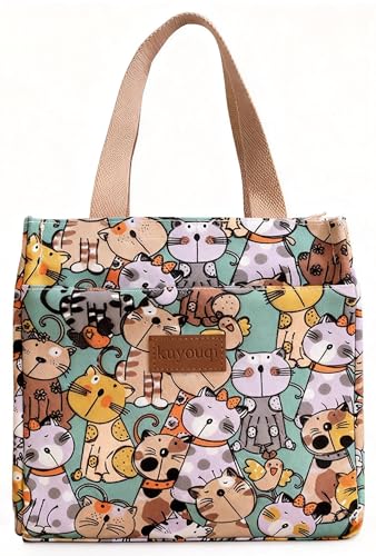 Joolxxo 断熱 ランチバッグ 猫 和柄 再利用可能 漏れ防止 お弁当袋 保冷バッグ 大容量 厚手保温バッグ ランチトートバッグ 保温バッグ 通勤 通学 ピクニック 仕事 オフィス 旅行用 男女兼用 (緑の猫)