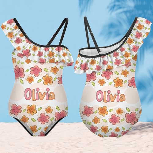 Girls One Shoulder Swimsuit‌‌ Custom Name Personalized Cartoon One Piece Swimwear Bathing Suits for Girl 6-12 Year4