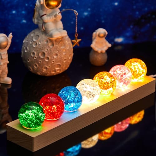 Qunclay 7 Colors Ice Cracked Balls with LED Wooden Stand, 40 mm Crystal Sphere Chakra Energy Ball for Meditation Home Night Light Decoration Gifts(Bright Color)