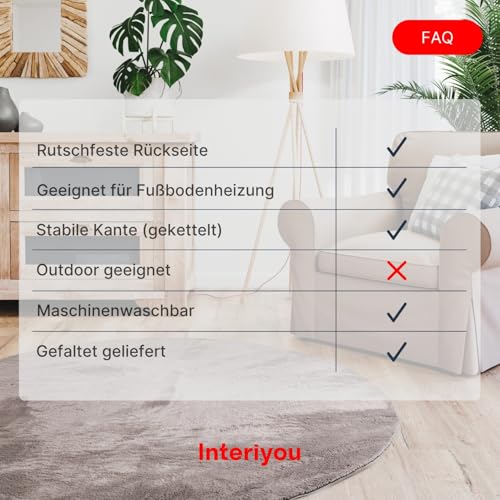 Interiyou Fargo - Teppich Wohnzimmer 80x80 cm Rund Grau - Kurzflor Waschbar und rutschfest - Flauschiger Fellteppich aus Kunstfell - weicher Langflor Fell