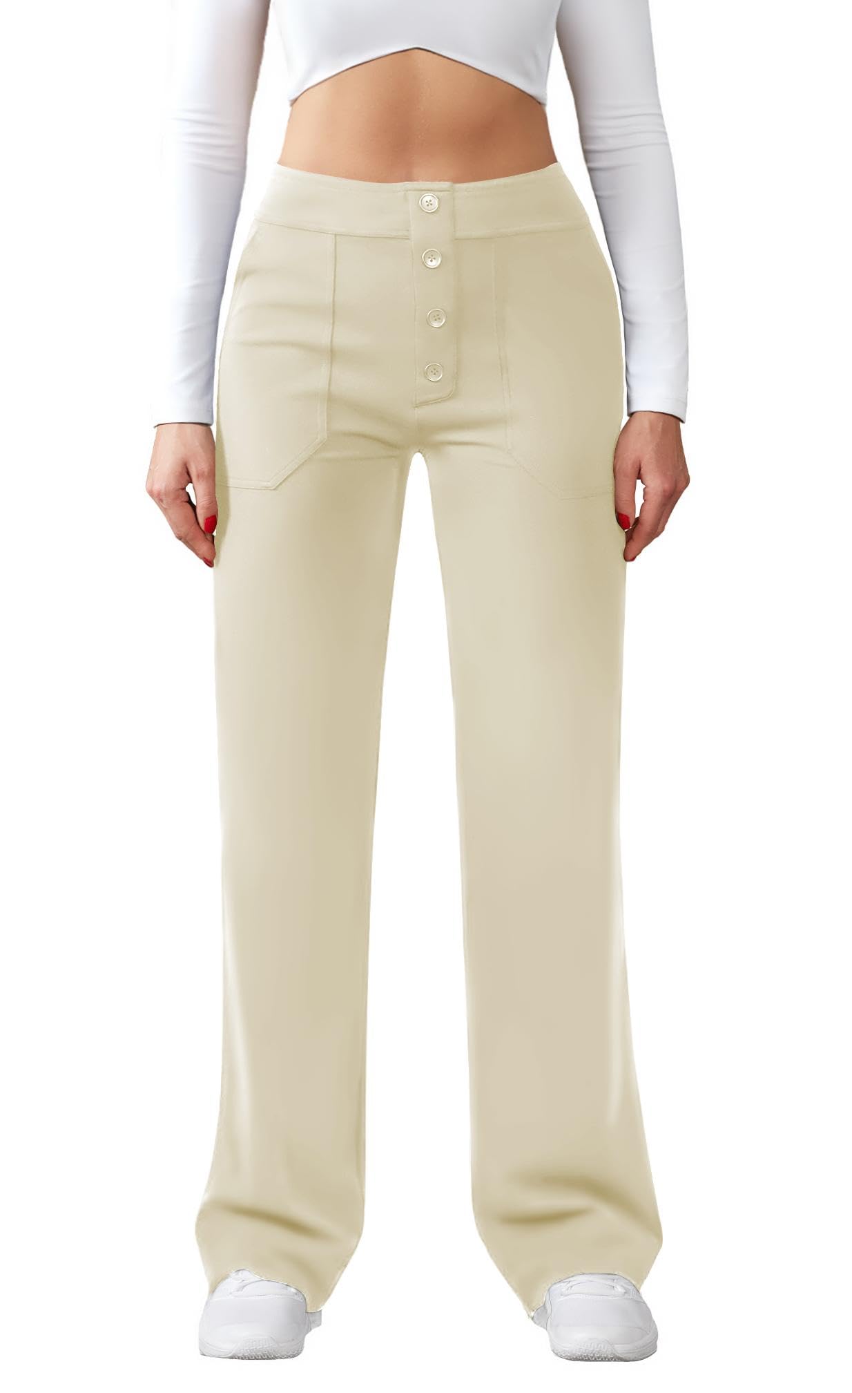 Friptspyg Hose Damen Hohe Taille Weite Hose Knopf Gerades Bein Hose Casual Arbeit Hose Stretch Yogahose mit Taschen