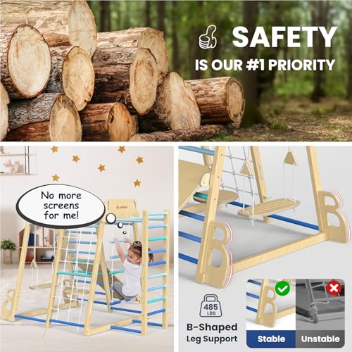 Image of BlueWood Upgraded Indoor Jungle Gym 9-in-1 Playground Kids Climbing Toys, Waldorf Style Wooden Climber Playset with Slide, Swing, Monkey Bars, Upright /Rope Ladder, Climb Net, Blue