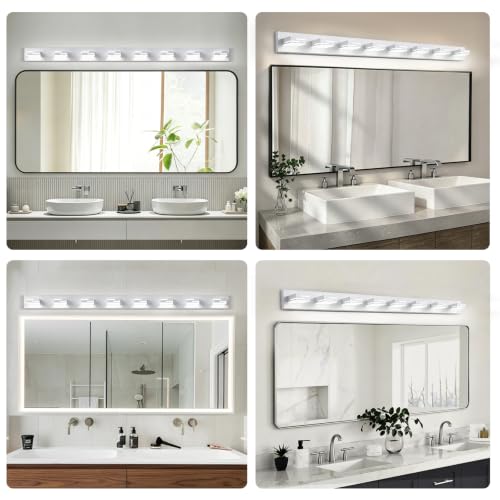Image of LED Modern Bathroom Vanity Light Fixtures, Dimmable White Vanity Lights for Bathroom Lighting Fixtures Over Mirror, with 360 Rotatable Acrylic Heads 8-Light 54-inch (Cool White 6000K)