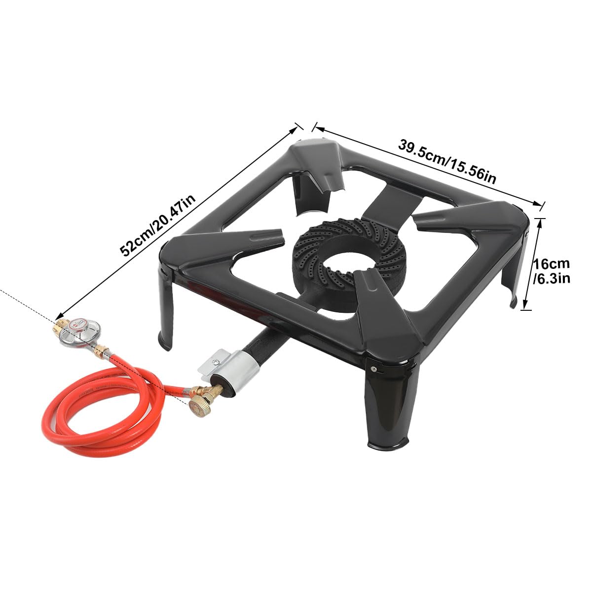 Réchaud à gaz 10 kW - 40 x 40 x 15 cm - 1 feu - Avec tuyau de 1,5 m et régulateur de pression de 50 mbar - Réchaud à gaz à 4 pieds - Pour camping et randonnée