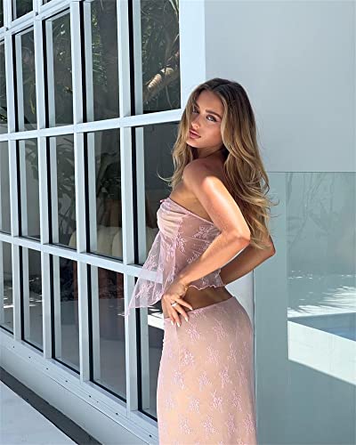 Yuemengxuan Women Going out Maxi Skirts Set Low Cut Lace Trim Cami Top Crop Top High Waist Bodycon Maxi Skirt 2Pcs Outfits4