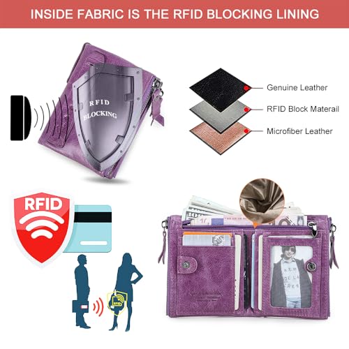 Image of CONTACTS Soft Leather Wallet for Women Small Bifold Coin Purse Double Zipper Card Holder with RFID Blocking (Purple)