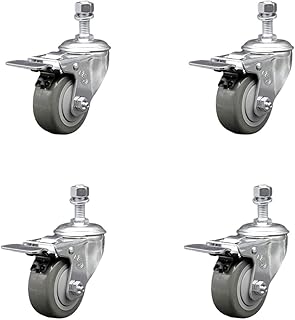 Stainless Steel Polyurethane Swivel Threaded Stem Caster Set of 4 w/3