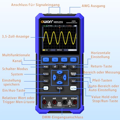 OWON Oszilloskop 25MHz Bandbreite mit Zweikanal-Oszillograph 3 in 1 Funktionen OSC+DMM+AWG(25MHz/2+1CH/HDS25S)