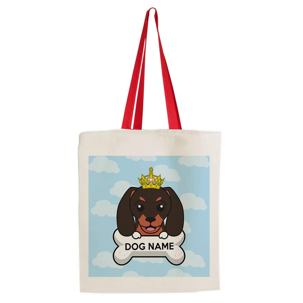 Getagift Personalised Any Name/Text Dachshund Dog/Pet Themed Tote Bag-Cotton Shopping Bag. Gift For Christmas, Birthday Present, Gift Idea. (Red Handle)