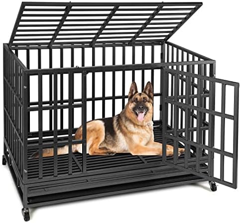 SHUSHIM 48 Inch Heavy Duty Dog Crate Kennel with Wheels, High Anxiety Indestructible Dog Crates for Large Dogs, XL XXL Extra Large Dog Crate with Removable Dog Cage Tray, Two Locks (Black, Square)