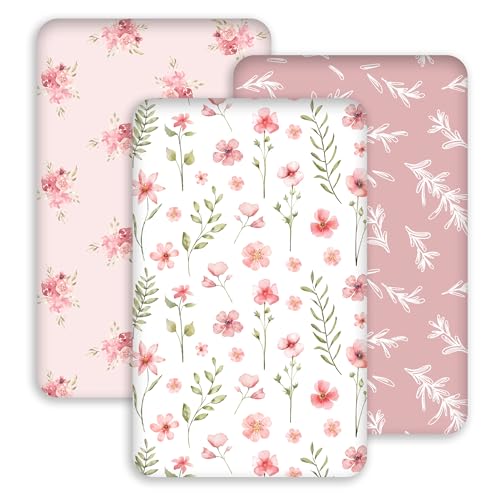 Image of Civarua Kids Bassinet Sheets 33x20 for Baby Delight, Newton,Airclub,Maxi COSI,Angelbliss,Dream on Me,Mika,Harppa,Amke,ezebaby Rectangle Bassinet Mattress - Pink Floral 3 Pack Girl