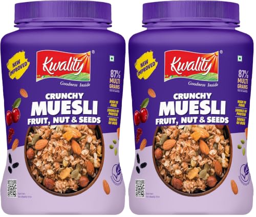 Image of KWALITY Muesli Fruit, Nut & Seeds 900g Jar, 87% Multi Grains, No Maida, Natural Source Of Vitamin & Iron, High In Protein & Fiber, Low Fat & Cholesterol, Healthy Breakfast Cereal (Pack of 2)