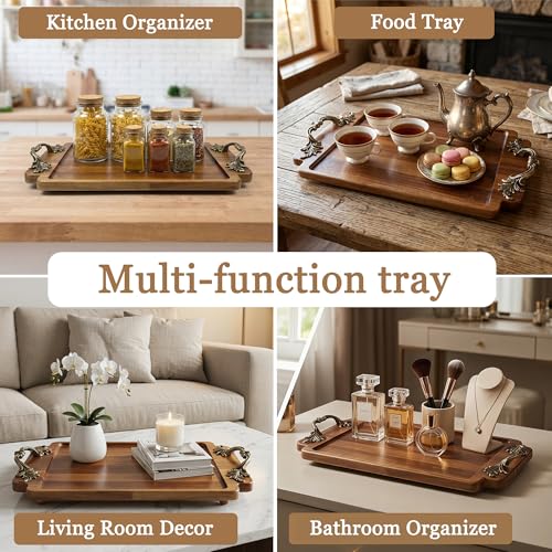 Vintage Coffee Table Decor Wooden Serving Tray, Home Decorative Wood Vanity Tray for Bathroom Kitchen Bedroom (15.3 L x 9.8 W)