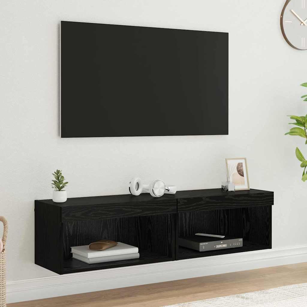 Gabinete LED de pared madera ingenierizada para sala moderna Negro 13.46 | Conjunto de mueble de TV 2 uds. Roble Negro Montaje en Pared con Luces LED USB para Salón Moderno con Estantes y Puertas,