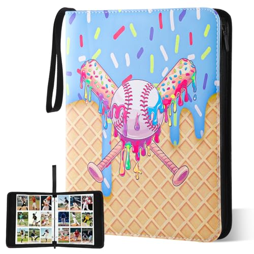 Jaloro Ice Cream Drip Pattern Baseball Card Binder Waterproof Trading Card Binder Portable Collector Cardholder Album Case Gifts Baseball Cardholder for Boys Sports Game Supplies(900 Pocket Blue)