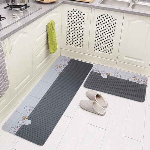 Image of HomeCloud Rubber Kitchen Mats for Floor Set of 2 Pcs | Non-Skid, Soft Absorbent Rugs for Kitchen, Laundry, and Hallway | 120x40cm, 40x60cm| 4mm Thickness (Bunnies Grey)