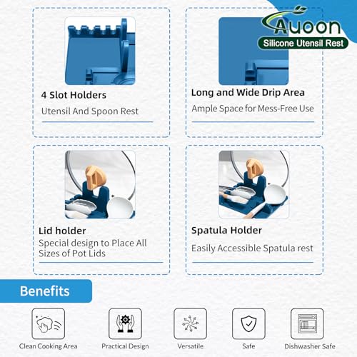 Image of Auoon Silicone Spoon Rest with Lid Holder - 3 in 1 Kitchen Utensil Rest for Soup Ladles, Pot Lids, Spatulas, Spoons, Tongs, BPA Free & Dishwasher Safe, 8.26 x 8.06 Inch (Fog Blue, Large)