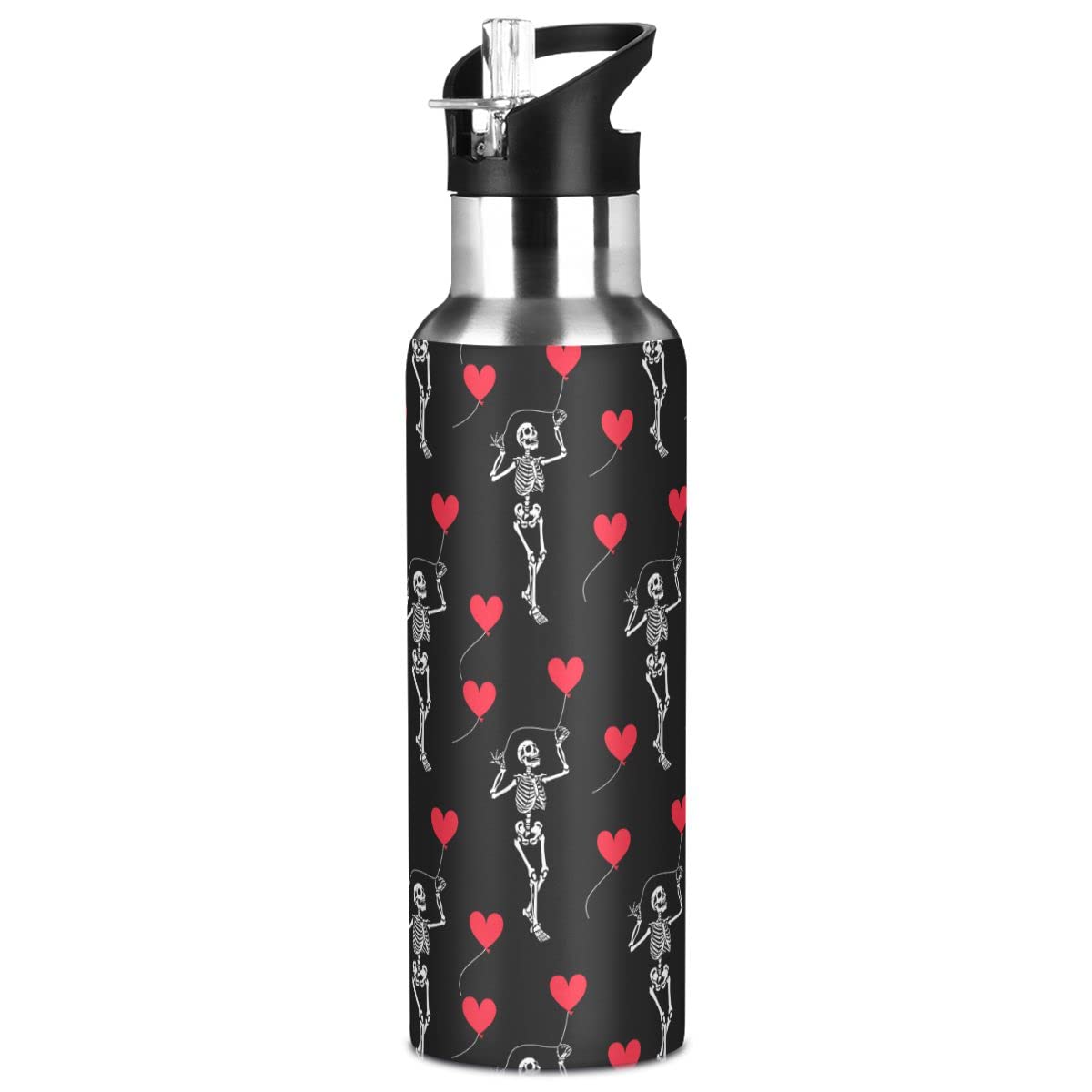 Edelstahl Wasserflasche mit Strohhalm, romantischer Totenkopf Gothic Isolierte Trinkflasche Sport Wasserflasche für Kinder Erwachsene, auslaufsicher, 1L