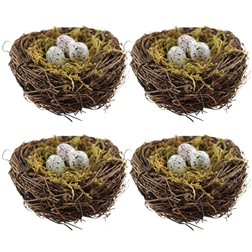 YEUQWJ Artificial Birds Nest, 4PCS Crafts Handmade Natural Easter Birds Nest Rattan Birds Nest for Garden Yard Home Party Easter Decor Contains 12 Artificial Bird Eggs&4 Packs of Moss