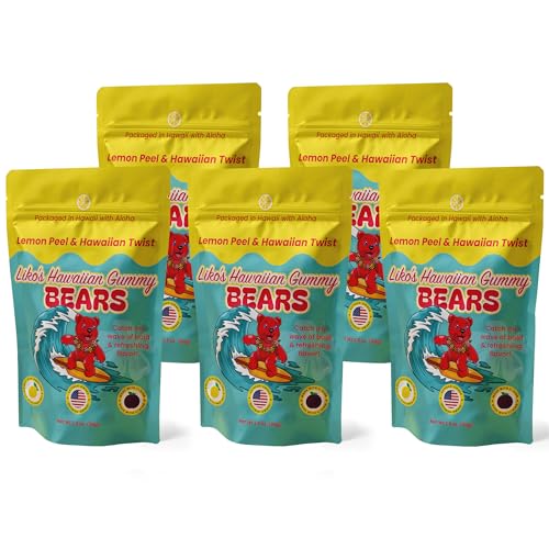 Liko’s Hawaiian Gummy Bears with Li Hing and Lemon Peel – Tropical Candy Snack Made in Hawaii – Sweet Sour Salty Chewy Rota Optima Ventures, LLC Treat – Island Favorite Gourmet Gummy Bears 2.5 oz Bag - Pack of 5