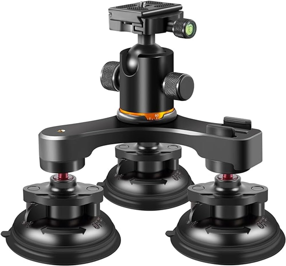 Azonee Triple Suction Cup, Car Mount Heavy Duty Tripod with 360 Ball Head for GoPro 12/11/10/9 Insta360 X3 GO3 DJI Action 4/3 DSLR Mirrorless Camera, Windshield Window Holder Attach Accessories