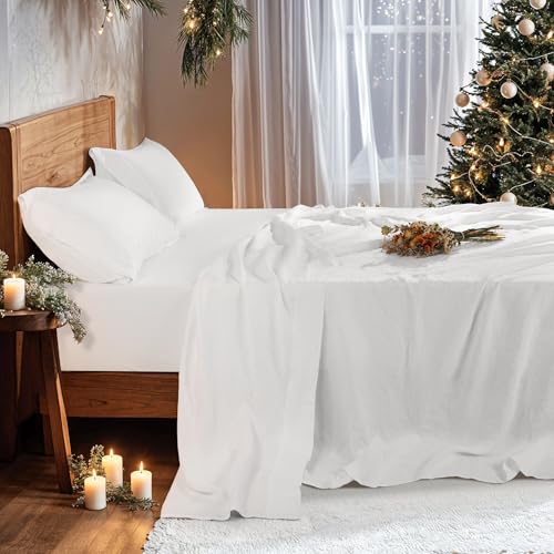 Image of 100% Pure Linen Sheet Set for Hot Sleepers, Breathable Natural Linen Sheets 4pcs, Bedding Set Deep Pocket Up to 16 inch Moisture-Wicking, Softens with Every Wash (White Cal King)