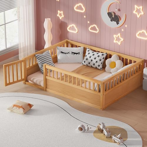 PVWIIK Full Size Floor Bed Frame with Convertible Door & Guardrails for Girls & Boys Bedroom,Montessori Bed/Near Ground Safety Design, No Box Spring Needed,Natural