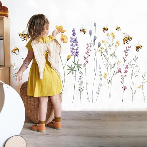 Wildflowers Bees Wall Decals - Living Room Nursery Decorations,Bohemian Flower Stickers,Colorful Flowers Wall Art Photo Prop,Spring Floral Bee Party Decal