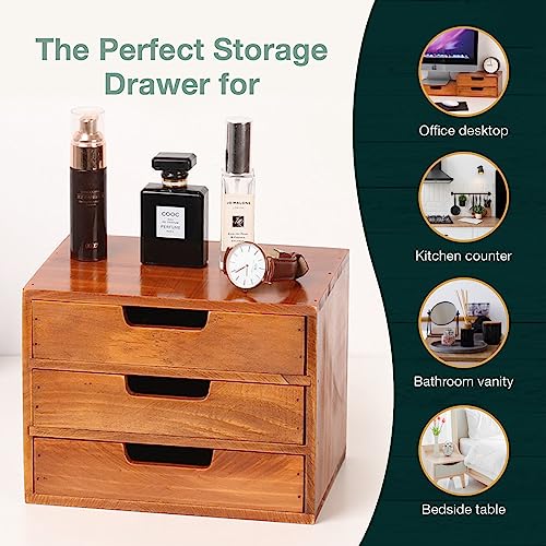 Triple Drawer Desktop Storage Organizer in Modern Wood Design (9.8”x6.9”x 7.5”) 3-Drawer Stackable Drawer Unit - Vanity Accessories Organizer (1-Pack)