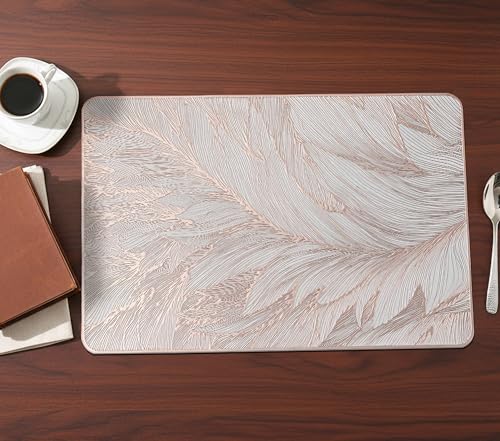 Image of Yellow Weaves 1 Pc PVC Table Placemats, Dining Table Mat, Stain Resistant, Anti-Skid, Waterproof, Washable, Dining, Kitchen, Restaurant Table Set Easy to Clean, Durable (Feather Rose Gold)