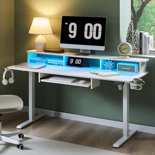 RedLemon 60Inch Gaming Desk, Electric Standing Desk with Height Adjustable, Power Outlets, LED Lights, Keyboard Tray, and Monitor Shelf, Stand Up Computer, White