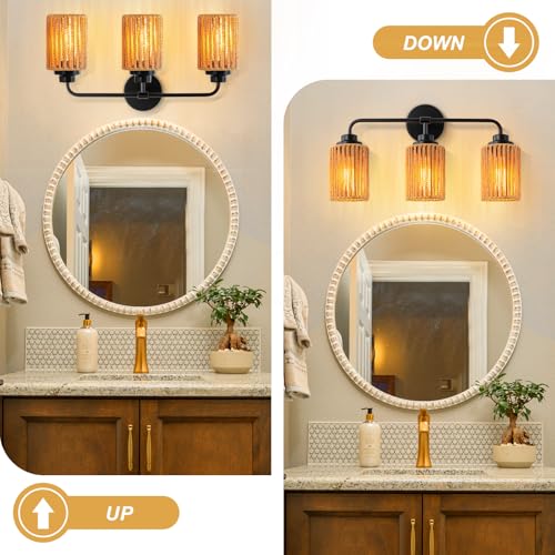 Image of 3-Light Bathroom Vanity Light Fixtures, Rattan Bathroom Lighting Fixtures Over Mirror with Wicker Lampshades, Boho Rustic Style Wall Sconce for Living Room, Bedroom