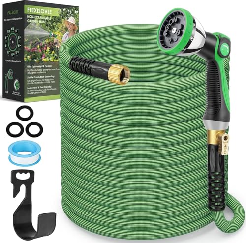 PALRORY Non-Expandable Garden Hose 100 ft, Ultra Lightweight Flexible Water Hose with 10-Pattern Nozzle, Leak-Proof, High-Density Fabric, Thickened Connector, Shut-Off Valve for Yard, Lawn, Outdoor