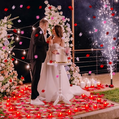 Image of Coume 6000 Pieces Artificial Rose Petal 72 Pieces LED Tealights Candle, Romantic Decorations Special Night Rose Petal Heart Candle for Valentines Wedding Anniversary Proposal Decor(Cute Red Light)