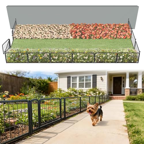 Image of FXW Garden Fence Outdoor for the Yard - 17in(H) x 29.3ft(L) Heavy Duty Metal Animal Barrier for Dog, No Dig Decorative Dog Fence, 12 Panels, Black