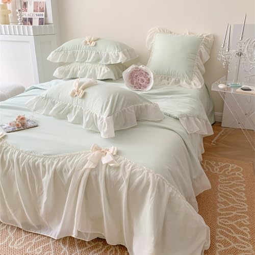 IHOUSTRIY Duvet Cover Full Size, Ruffle Beddding Set with Bowtie, 3 Pieces Comforter Cover Set with Zipper Closure, Girl Princess Bedding with Pillowcase - Light Green, Full