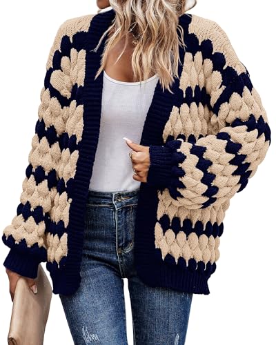 KIRUNDO Womens Fashion Fall Cardigan 2026 Open Front Chunky Cardigan Sweaters Oversized Lantern Sleeve Striped Color Block Cardigans Outwear Winter Clothes(Navy, Large)