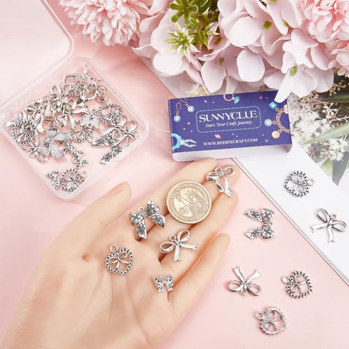 SUNNYCLUE 1 Box 50Pcs 5 Styles Bow Charms Bowknot Charm Alloy Silver Hollowed Tibetan Style Halloween Christmas Bow knot Charms for jewellery Making Charms Supplies DIY Crafting Necklace Bracelets - Image 3