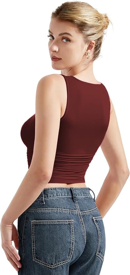 Image of SIGHTBOMB SOFTLINE Feather Touch Double Lined Boat Neck Ruched Waist Microfiber Cuddle Baby Sleeveless TEE for Women