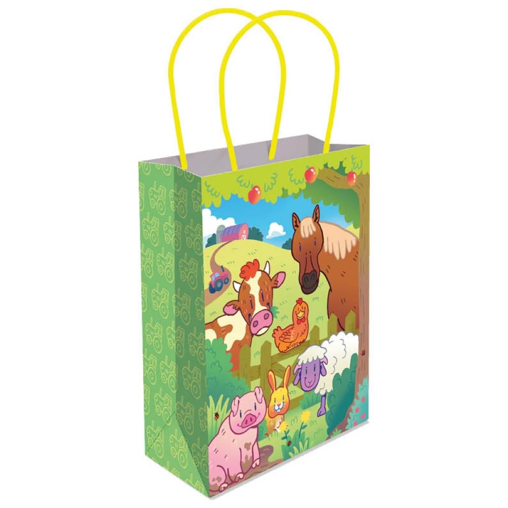 THEMED PAPER HANDLE BAGS - PACK OF 6 - Children/Kids Party Carry Food Meal Fun Picnic Birthday Wedding Favour/Baby Shower Party Box Loot Bag… (Farm)