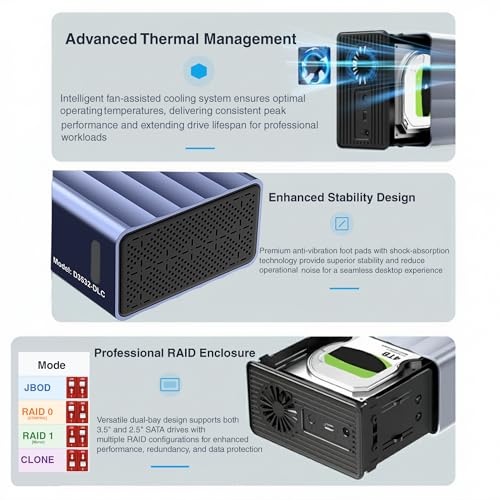 Image of PiBOX India Dual 2 Bay 3.5 /2.5 Inch SATA HDD SSD Aluminium Enclosure Dock - External RAID 0 /1 /JBOD /CLONE Storage with USB 3.1 Type-C, 6Gbps UASP, 56TB Capacity, Cooling Fan- REALTEK CHIPSET