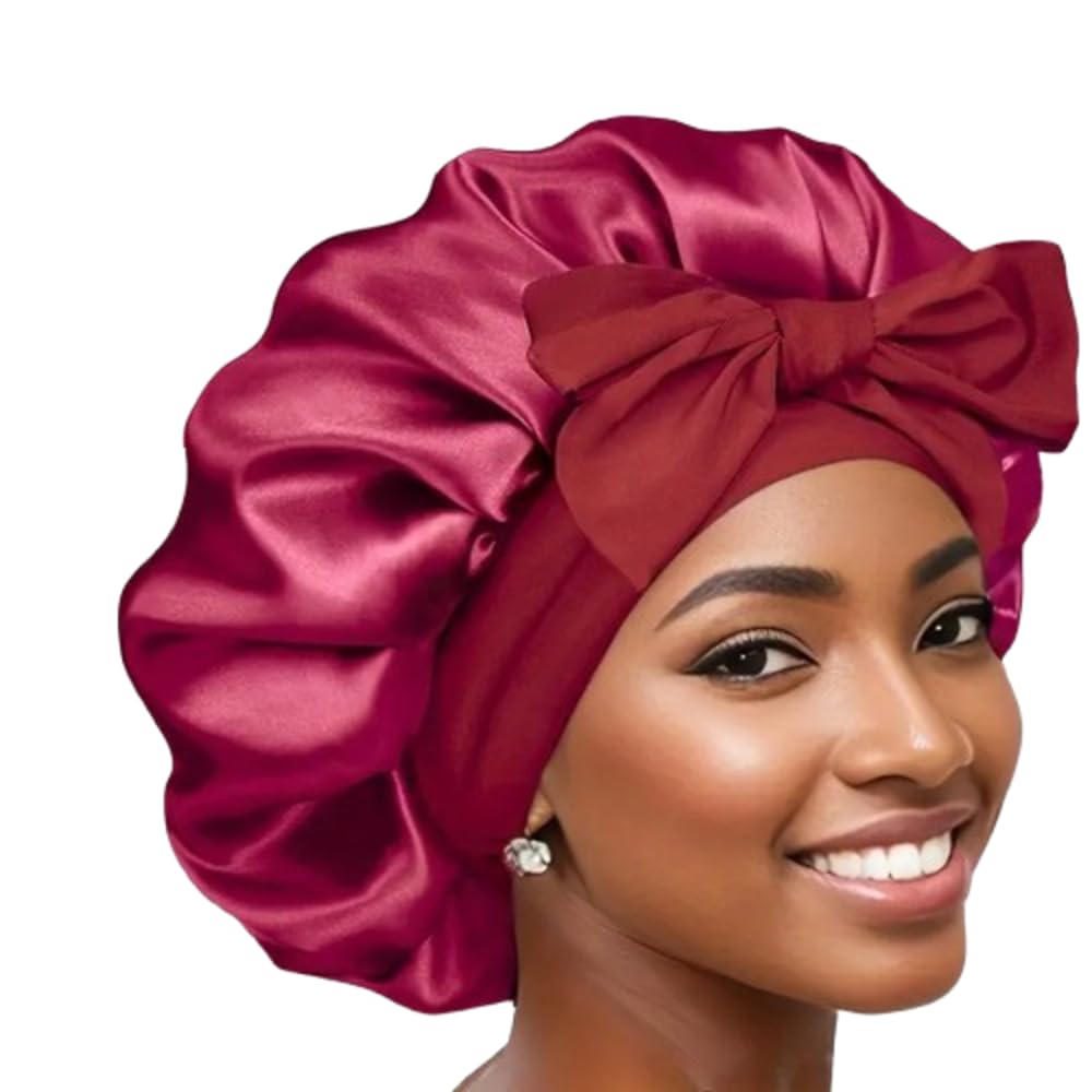 Boolavard Silk Bonnet for Sleeping Women Satin Bonnet Double Layer Satin Lined Hair Bonnet with Tie Band Curly Hair (UK, Alpha, One Size, Red)