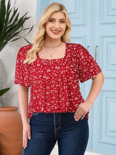 Siddhe Plus Size Chiffon Tops for Women Short Sleeve Square Neck Summer Dressy Blouses Loose Tunic3