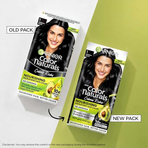 Image of Garnier, Hair Colouring Creme, Long-lasting Colour, Smoothness & Shine, Color Naturals, Shade: 1 Natural Black, 70ml + 60g | Ammonia-Free Hair Color | Infused With 10X Natural Oils + Keratin Serum | 100% Grey Coverage | Up to 10 Weeks Shine