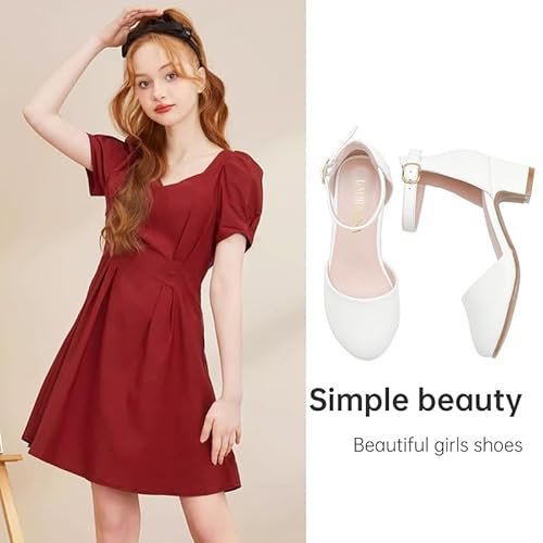 LAURMOSA Weiße Pumps Kleiner Absatz Stöckelschuhe Kinder Stöckelschuhe Mädchen Festliche Schuhe Mädchen Absatzschuhe mit Riemchen 34.5 High Heels Jugendliche Hochzeit Party Kirche (EUL1012PUWhite 2)