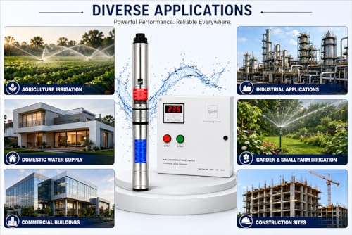 Image of Kirloskar KP4 Jalraaj -Ultra 1HP 8-Stage, Submersible Pump for 100mm Borewell, with Control Panel, 30m Wire & Safety Cable, Single Phase 220V, 2 Year Warranty