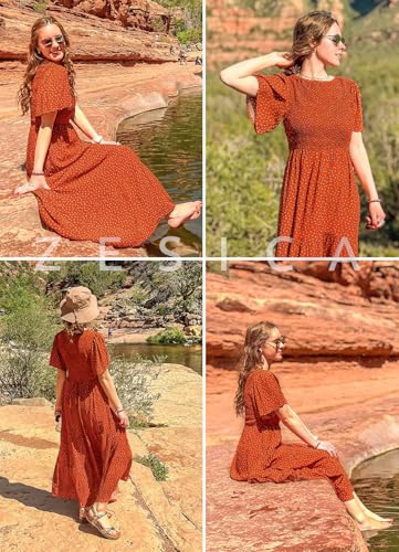 Image of ZESICA Women's 2026 Summer Boho Floral Maxi Dresses Casual Short Flutter Sleeve Smocked Tiered Flowy Dress