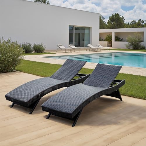 Asifom PE Rattan Foldable Backrest Chaise Lounge Set of 2, Outdoor Pool Folding Recliners, Adjustable Patio Chairs Wicker Lounge Chairs for Outside Beach Poolside Sunbathing