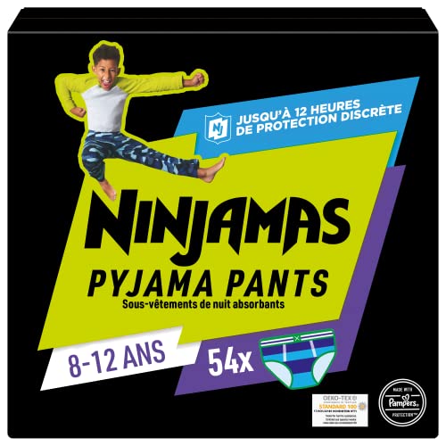 Pampers Ninjamas Couches-Culottes pour Pipi au Lit, Taille 8 à 12 ans (27 - 43kg), 54 Sous-vêtements de nuit absorbants jetables, Garçon, Protection Contre Les Fuites Toute La Nuit