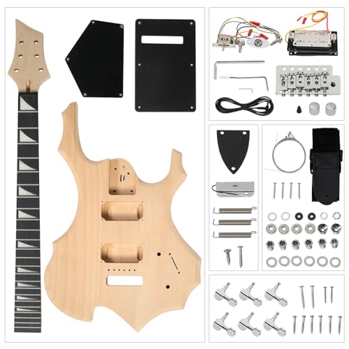 AMOPA Flame 6 String Electric DIY Guitar Kit Mahogany Body, Premium Fingerboard and Maple Neck with Unique Design, Easy Installation and Full Equipment to Build Your Own Guitar